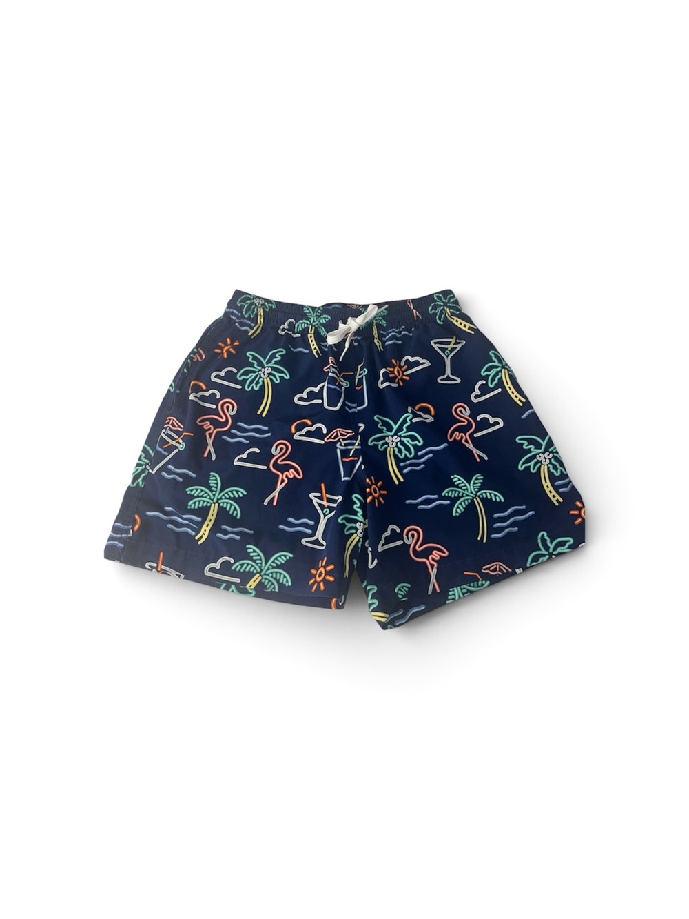 Men’s small  chubbies Navy Swim Trunks with Neon Tropical Icons